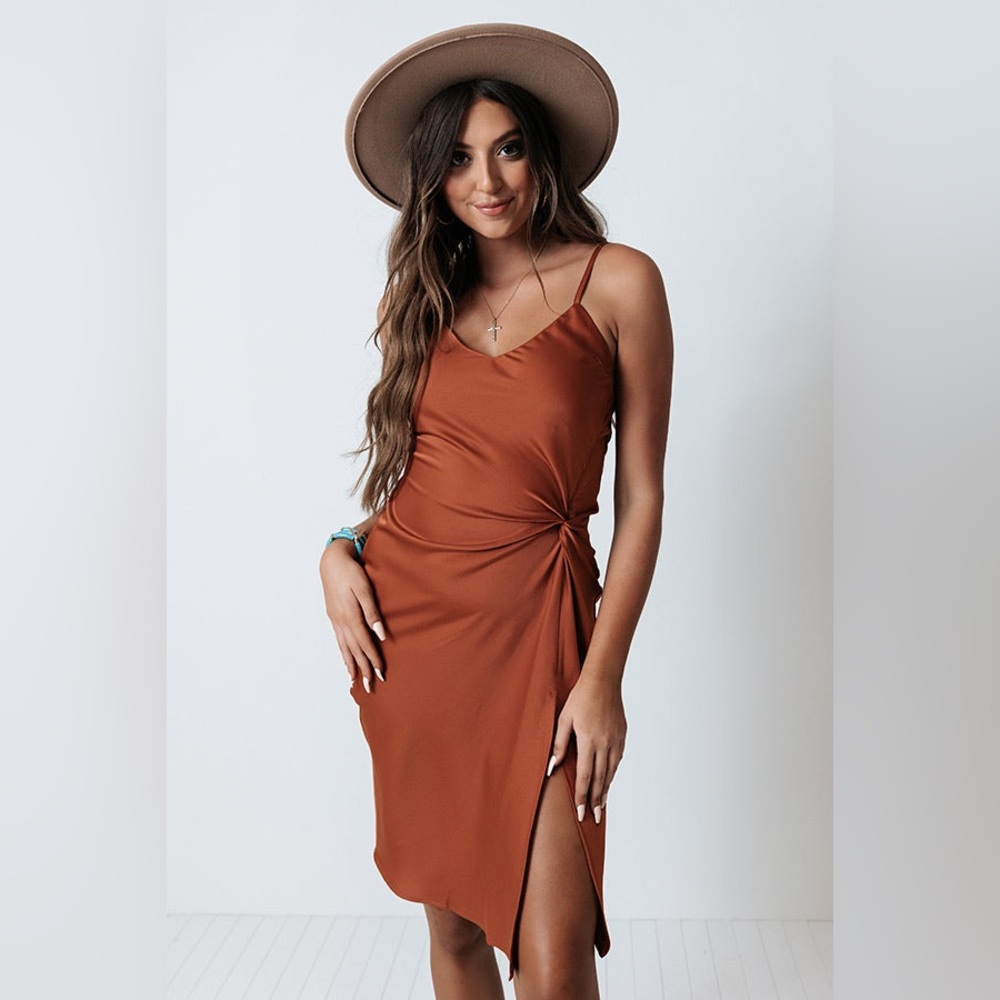 ✨NEW✨Glam Bronze Satin Midi Dress!